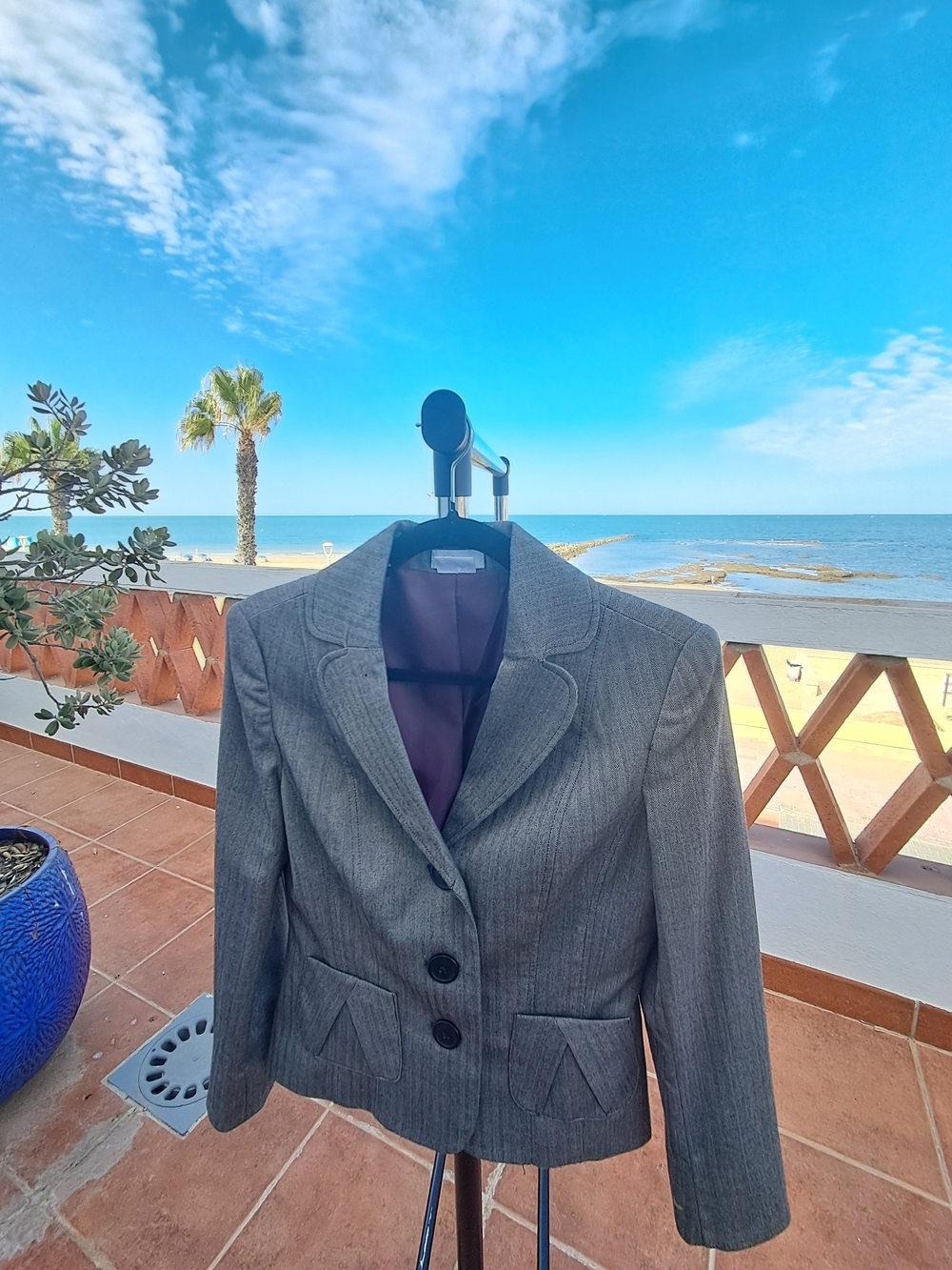 Van Heusen Stretch Gray Pinstripe Blazer with Purple Lining